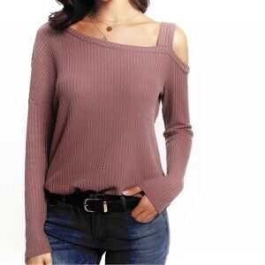 SHEIN Dusty Rose Pink Waffle Knit Asymmetrical Neck Side Slit Top